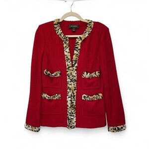 St. John Vibrant Red  Santana Knit Jacket with Animal Print Silk Trim Size 6